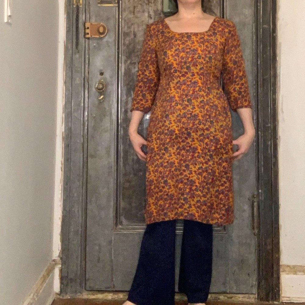 Small Medium Vintage long sleeve dress tunic bright orange floral pattern bohemi